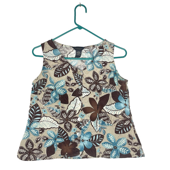 Y2K Womens Top Linen Blend Sleeveless Floral M 90s Hawaiian Groovy Blue Brown - Picture 1 of 8